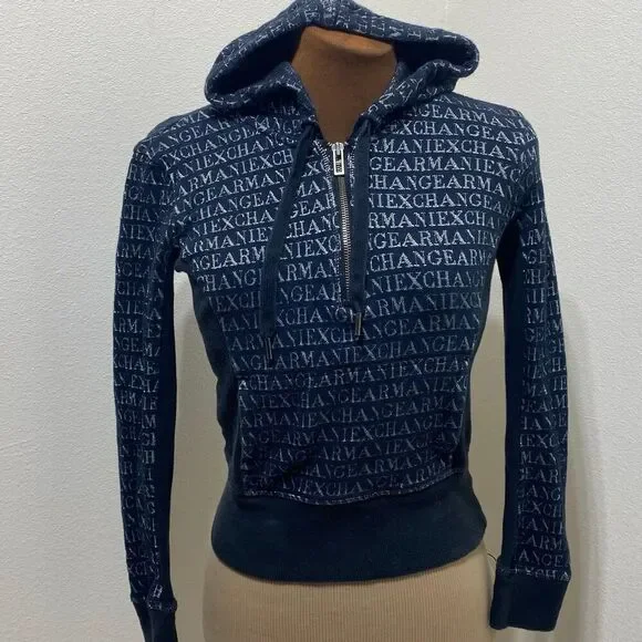 Armani Exchange Black/Silver Hoodie Size XS Quarter Zip Kangaroo Pocket - Picture 1 of 9